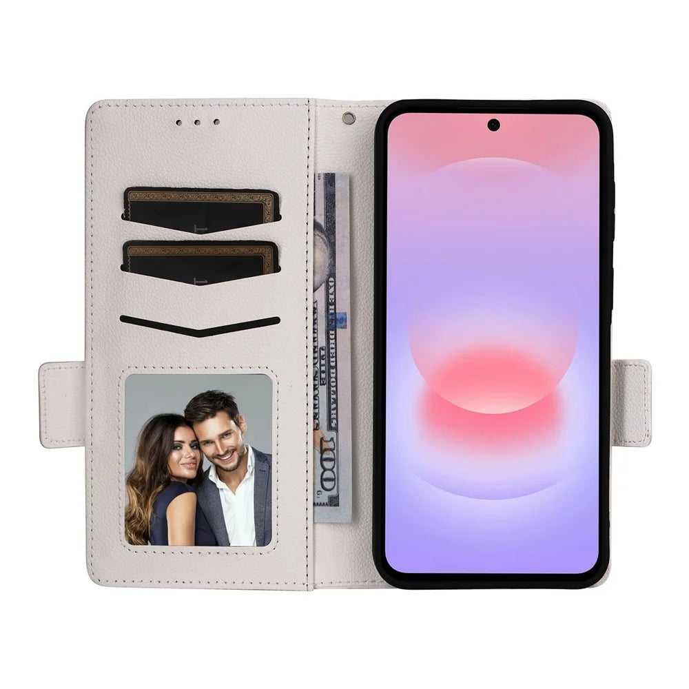 For Samsung Galaxy A57 5G Case Litchi Texture Wallet Leather Phone Cover with Wrist Strap - White - 2
