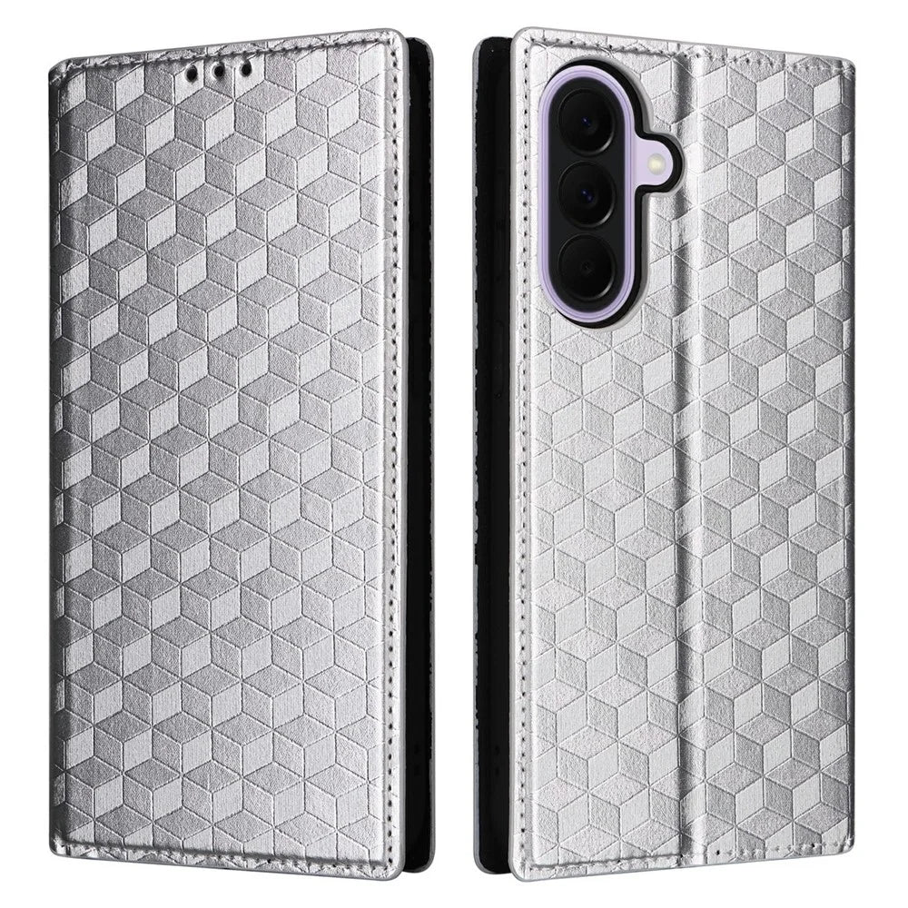 For Samsung Galaxy A57 5G Case Wallet Rhombus Imprinted PU Leather Phone Cover - Silver - 1