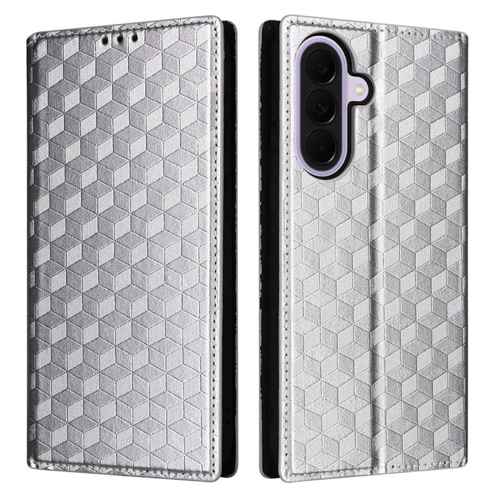 For Samsung Galaxy A57 5G Case Wallet Rhombus Imprinted PU Leather Phone Cover - Silver - 1