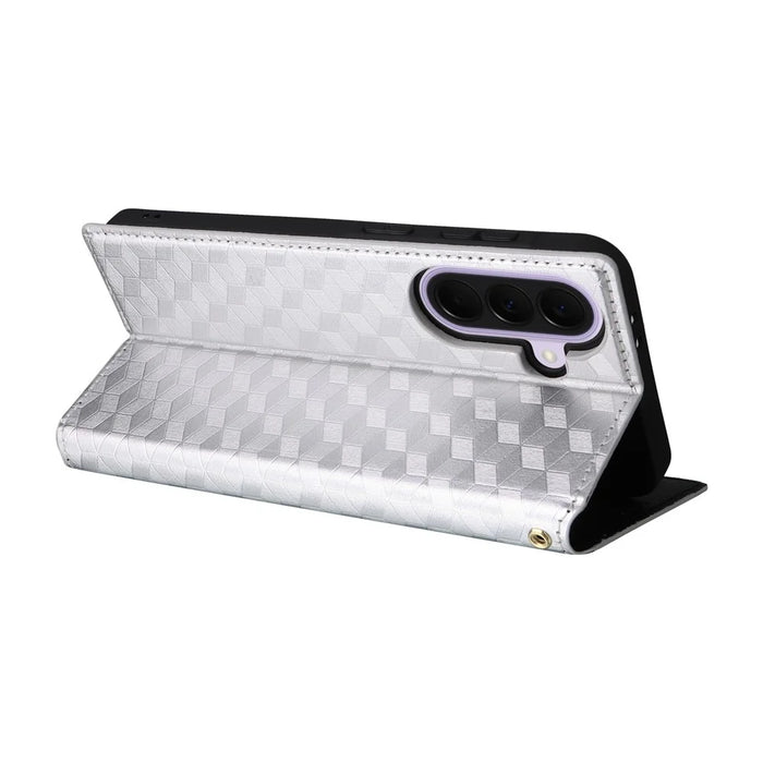 For Samsung Galaxy A57 5G Case Wallet Rhombus Imprinted PU Leather Phone Cover - Silver - 5