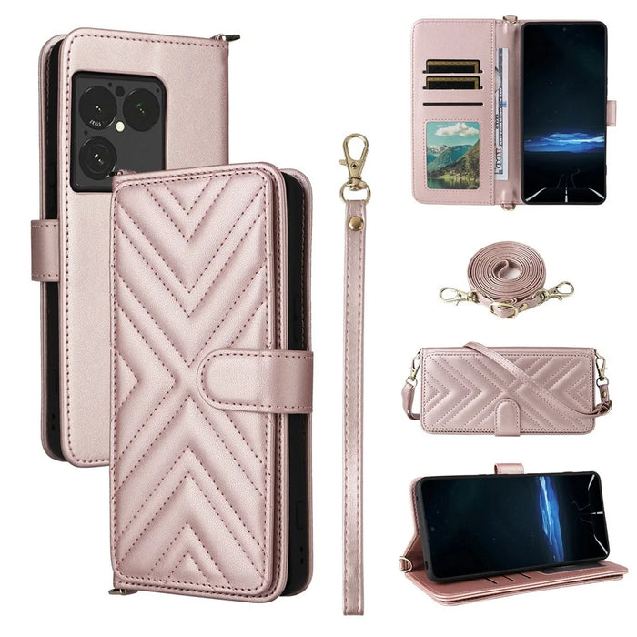 For Sony Xperia 1 VIII Leather Case Stand Wallet Phone Cover with Shoulder  /  Wrist Strap - Pink - 1