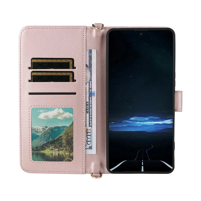 For Sony Xperia 1 VIII Leather Case Stand Wallet Phone Cover with Shoulder  /  Wrist Strap - Pink - 3