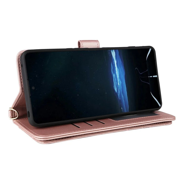 For Sony Xperia 1 VIII Leather Case Stand Wallet Phone Cover with Shoulder  /  Wrist Strap - Pink - 5