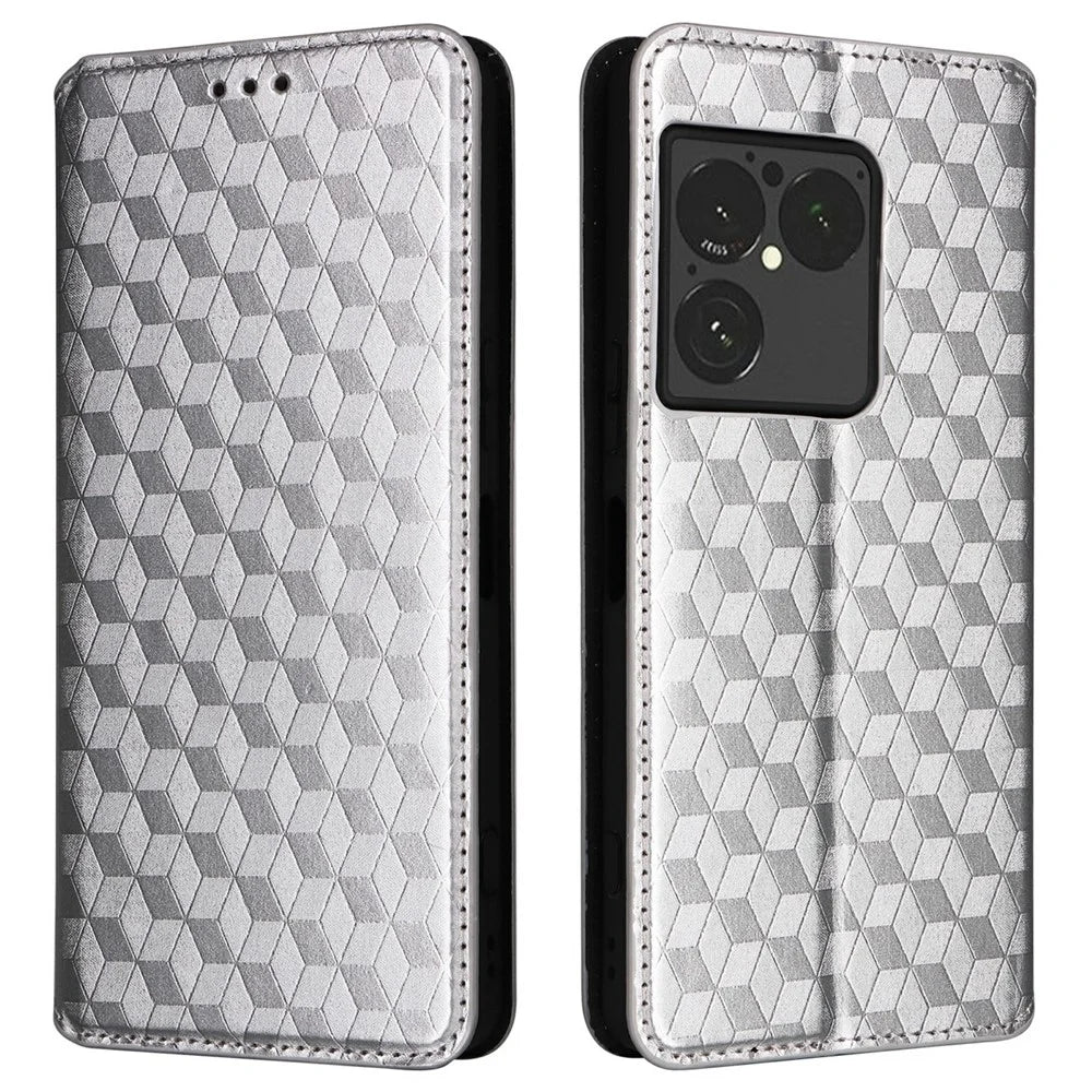 For Sony Xperia 1 VIII Case Wallet Rhombus Imprinted PU Leather Phone Cover - Silver - 1