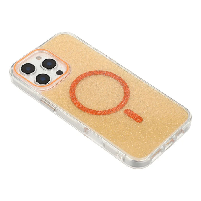 For iPhone 16 Pro Max Magnetic Case Glitter Clear PC TPU Protective Cover - Orange - 4