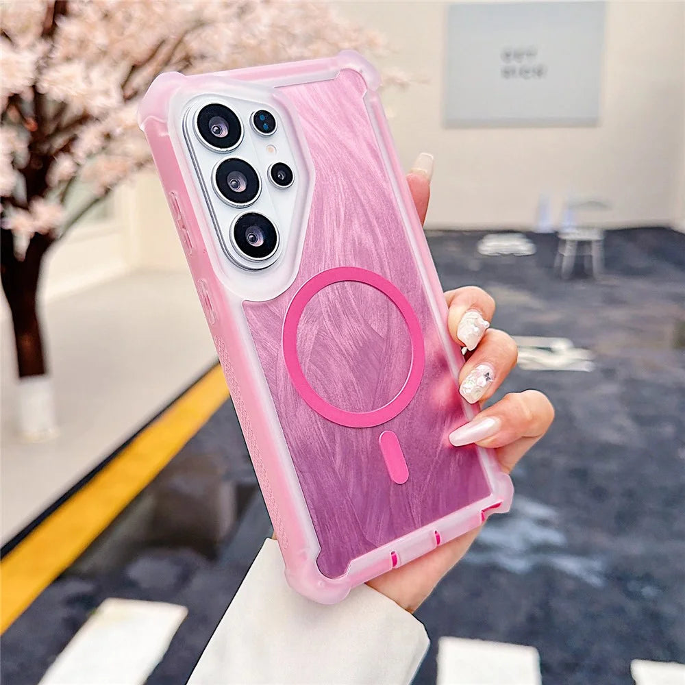 For Samsung Galaxy S25 Ultra Magnetic Case Feather Texture Shockproof TPU PC Detachable 2-in-1 Phone Cover - Rose - 1
