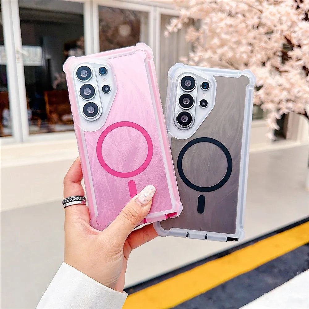 For Samsung Galaxy S25 Ultra Magnetic Case Feather Texture Shockproof TPU PC Detachable 2-in-1 Phone Cover - Rose - 4