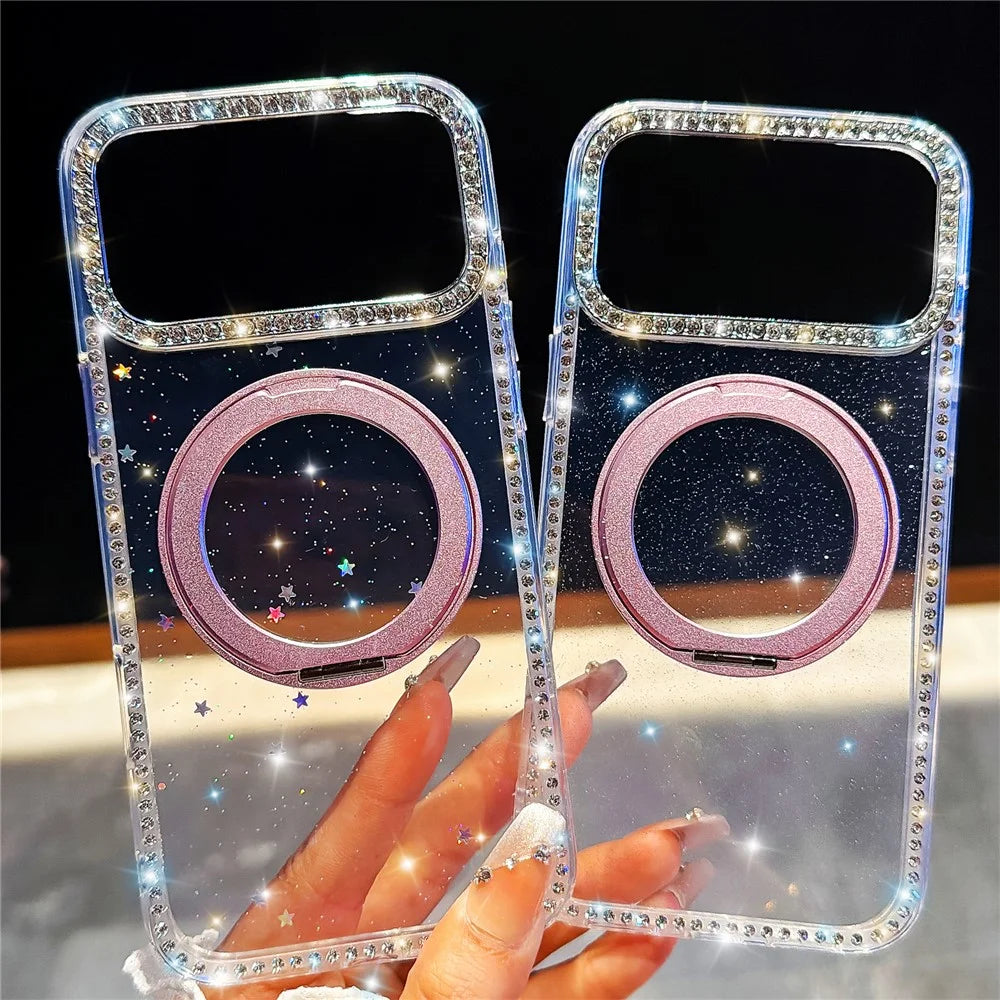 For iPhone 18 Pro / 17 Pro Case Rhinestone Edge Glitter TPU + PC IMD Phone Cover with 360° Magnetic Ring Stand - Glitter Transparent - 2