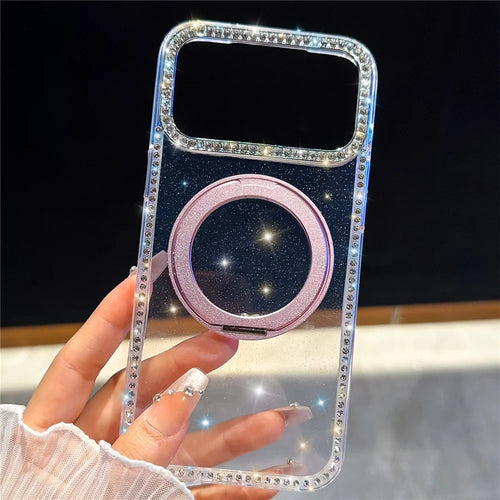 For iPhone 18 Pro Max / 17 Pro Max Case Rhinestone Edge Glitter TPU + PC IMD Phone Cover with 360° Magnetic Ring Stand - Glitter Transparent - 1
