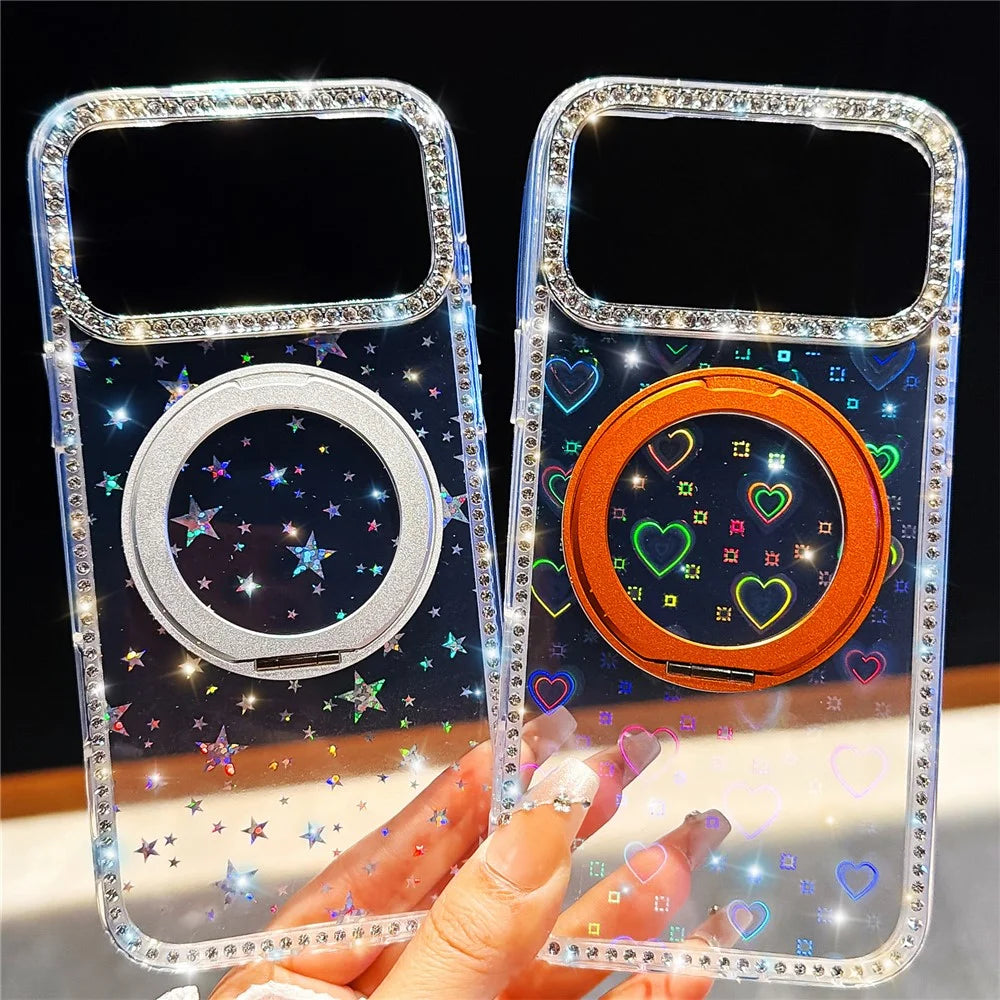 For iPhone 18 Pro Max / 17 Pro Max Case Rhinestone Edge Glitter TPU + PC IMD Phone Cover with 360° Magnetic Ring Stand - Glitter Transparent - 3
