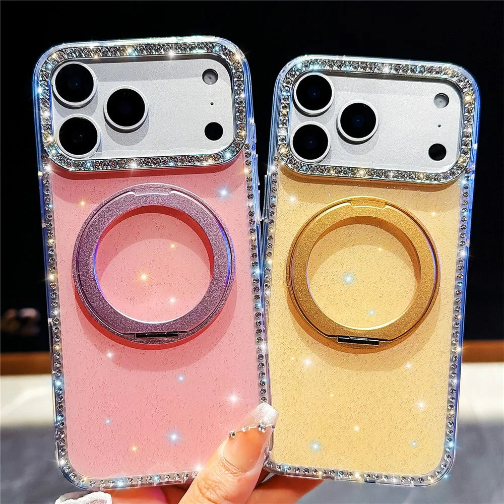 For iPhone 18 Pro Max / 17 Pro Max Case Rhinestone Edge Glitter TPU + PC IMD Phone Cover with 360° Magnetic Ring Stand - Glitter Transparent - 4