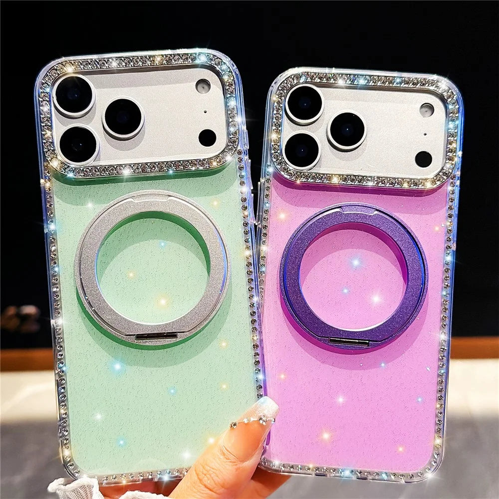 For iPhone 18 Pro Max / 17 Pro Max Case Rhinestone Edge Glitter TPU + PC IMD Phone Cover with 360° Magnetic Ring Stand - Glitter Transparent - 5