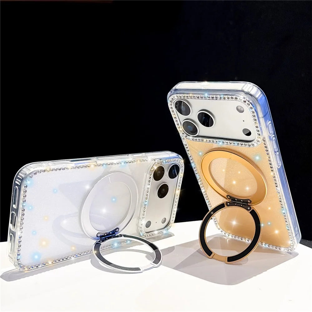 For iPhone 18 Pro Max / 17 Pro Max Case Rhinestone Edge Glitter TPU + PC IMD Phone Cover with 360° Magnetic Ring Stand - Glitter Transparent - 6