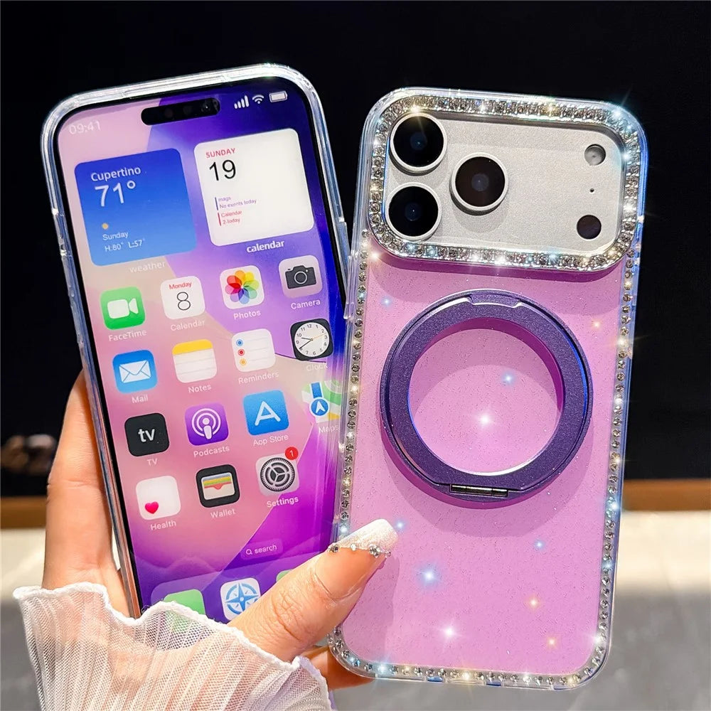 For iPhone 18 Pro Max / 17 Pro Max Case Rhinestone Edge Glitter TPU + PC IMD Phone Cover with 360° Magnetic Ring Stand - Glitter Transparent - 7