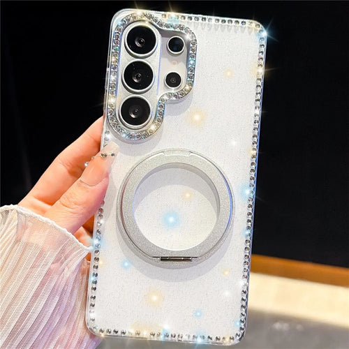 For Samsung Galaxy S26 Ultra Case Rhinestone Edge Glitter TPU + PC IMD Phone Cover with 360° Magnetic Ring Stand - Glitter White - 1