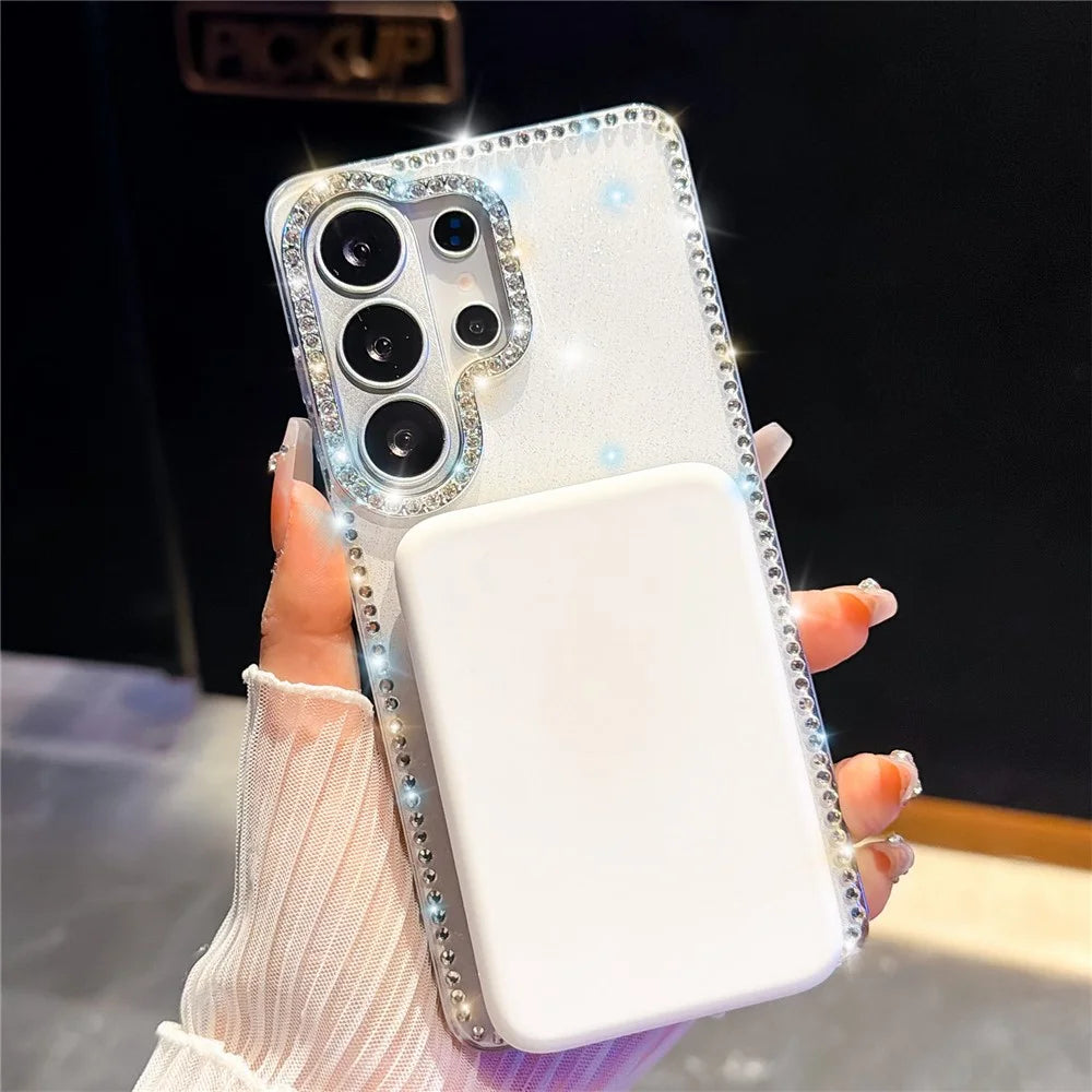 For Samsung Galaxy S26 Ultra Case Rhinestone Edge Glitter TPU + PC IMD Phone Cover with 360° Magnetic Ring Stand - Glitter White - 2