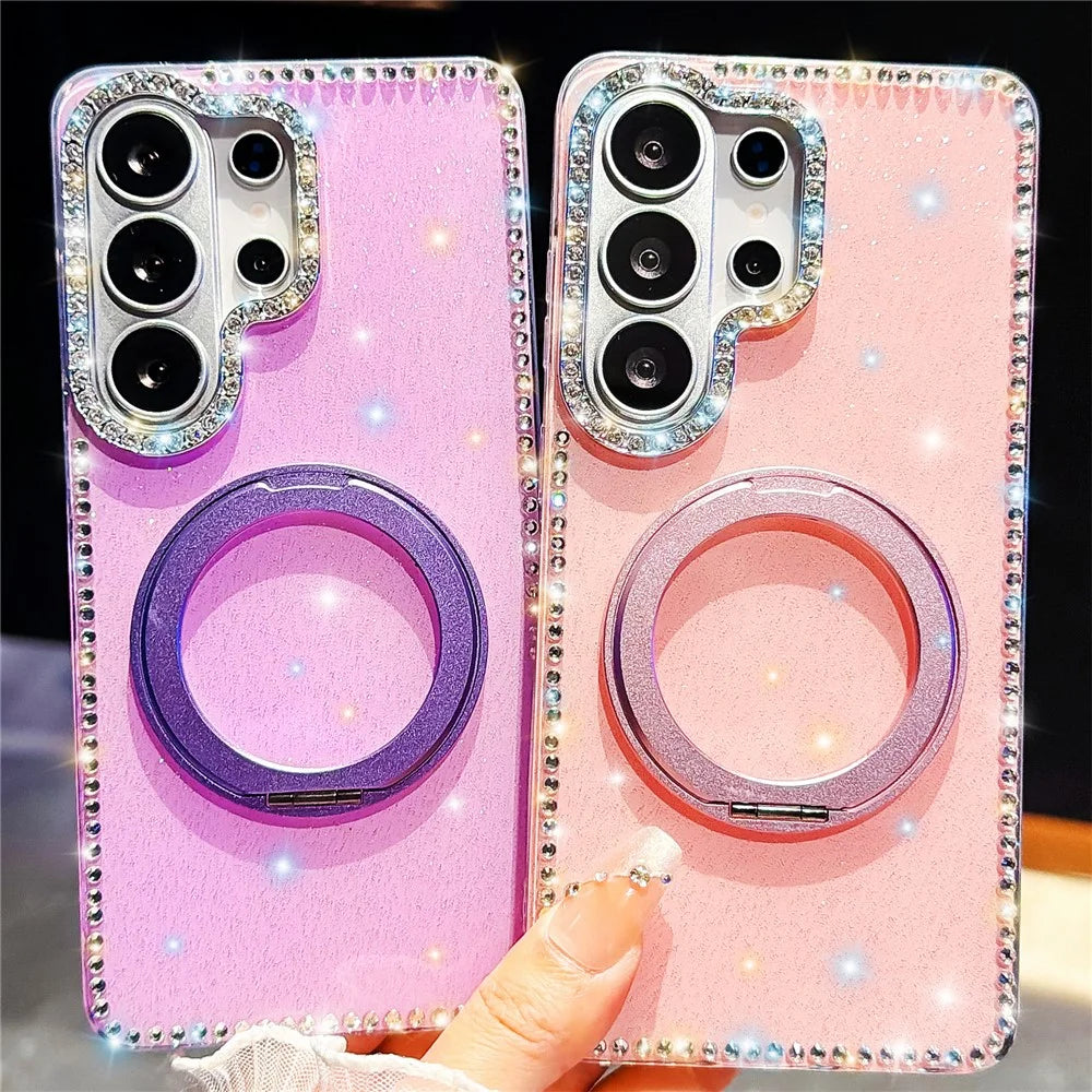 For Samsung Galaxy S26 Ultra Case Rhinestone Edge Glitter TPU + PC IMD Phone Cover with 360° Magnetic Ring Stand - Glitter White - 3