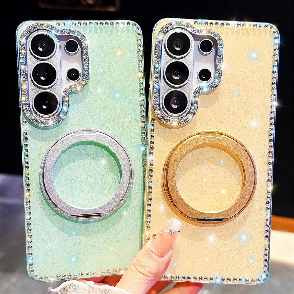 For Samsung Galaxy S26 Ultra Case Rhinestone Edge Glitter TPU + PC IMD Phone Cover with 360° Magnetic Ring Stand - Glitter White - 4