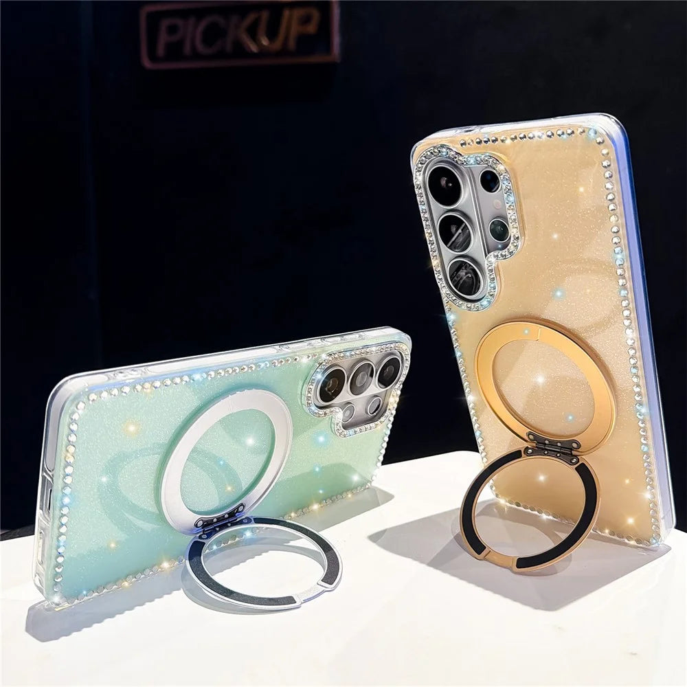 For Samsung Galaxy S26 Ultra Case Rhinestone Edge Glitter TPU + PC IMD Phone Cover with 360° Magnetic Ring Stand - Glitter White - 5