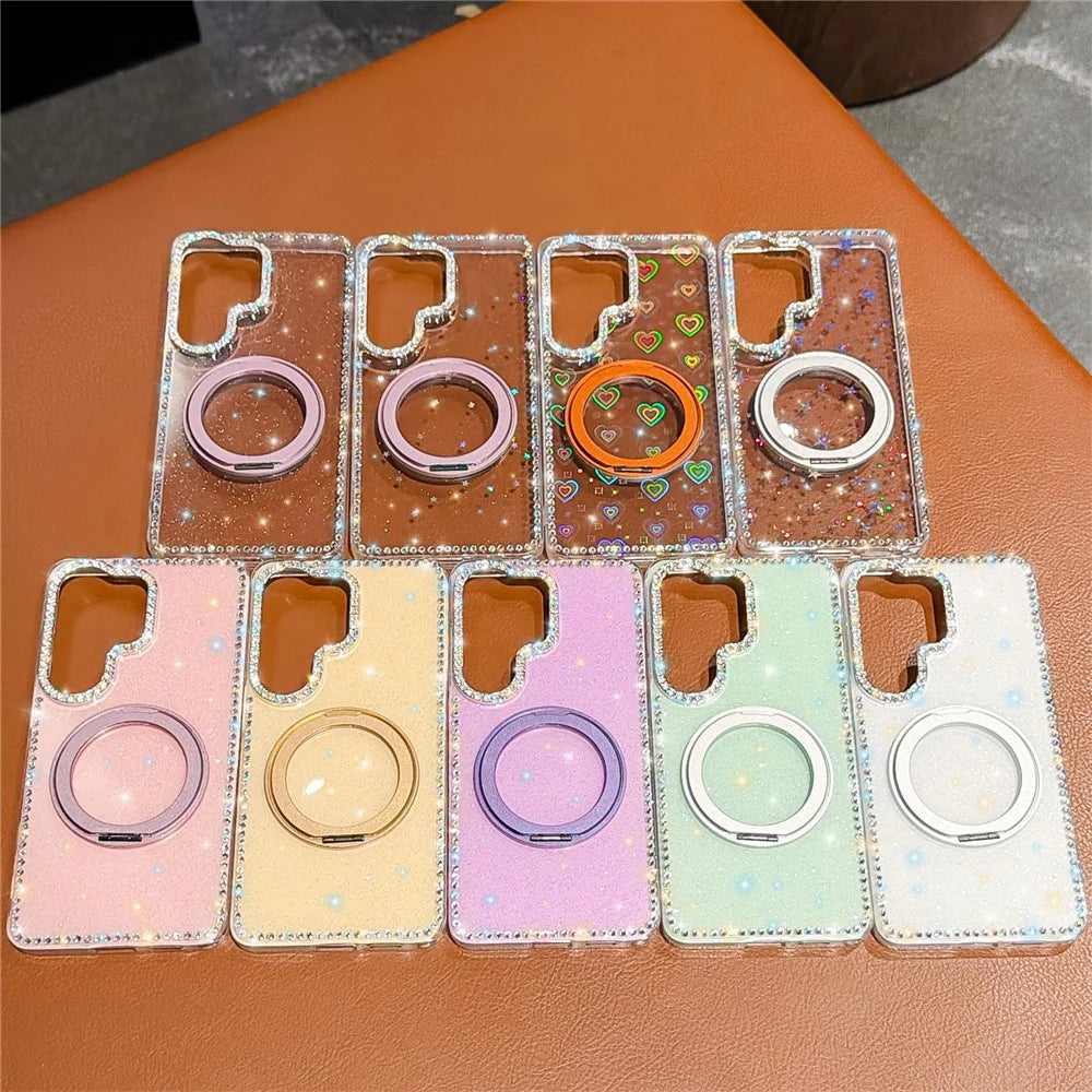 For Samsung Galaxy S26 Ultra Case Rhinestone Edge Glitter TPU + PC IMD Phone Cover with 360° Magnetic Ring Stand - Glitter White - 6