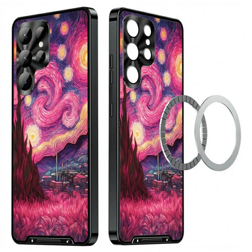 For Samsung Galaxy S24 Ultra Magnetic Case Artistic Paint Metal PC TPU Phone Cover with Lens Protector - Pink Purple Nebula - 1