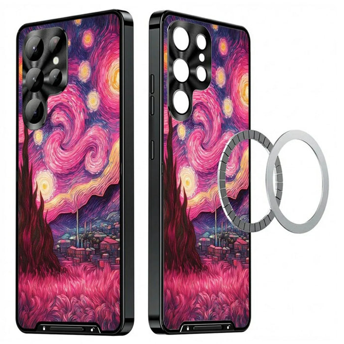 For Samsung Galaxy S22 Ultra 5G Magnetic Case Artistic Paint Metal PC TPU Phone Cover with Lens Protector - Pink Purple Nebula - 1