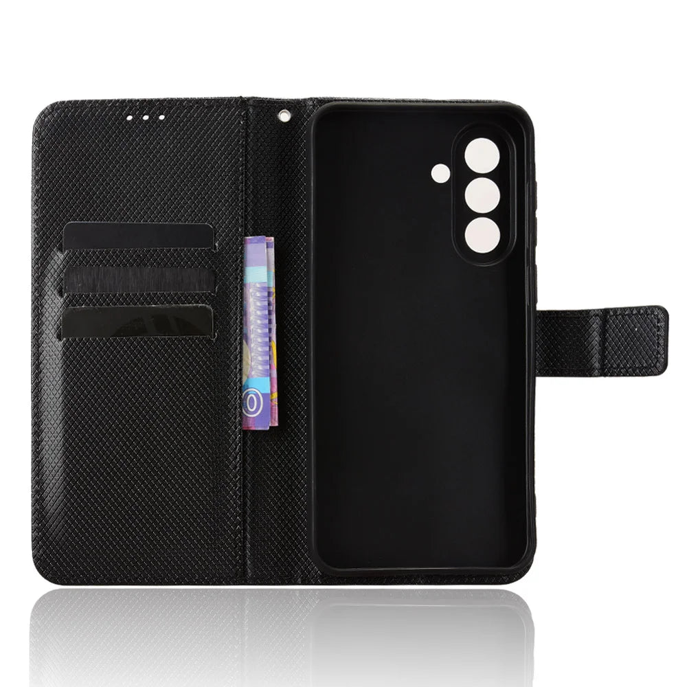 For Samsung Galaxy A57 5G Leather Wallet Case with Strap Diamond Texture Phone Cover - Black - 5