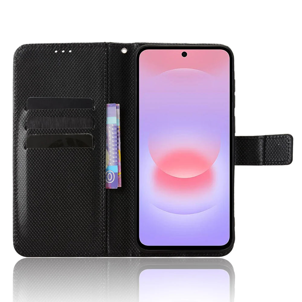 For Samsung Galaxy A57 5G Leather Wallet Case with Strap Diamond Texture Phone Cover - Black - 6