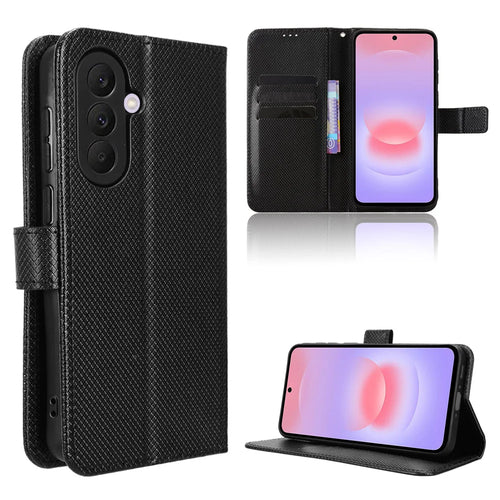For Samsung Galaxy A37 5G Leather Wallet Case with Strap Diamond Texture Phone Cover - Black - 1