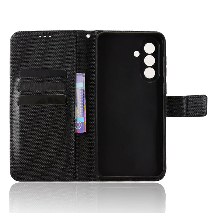 For Samsung Galaxy A37 5G Leather Wallet Case with Strap Diamond Texture Phone Cover - Black - 5