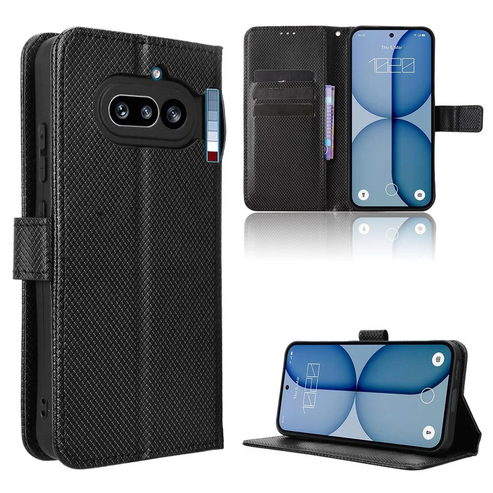 For Nothing Phone (4a) Leather Wallet Case with Strap Diamond Texture Phone Cover - Black - 1