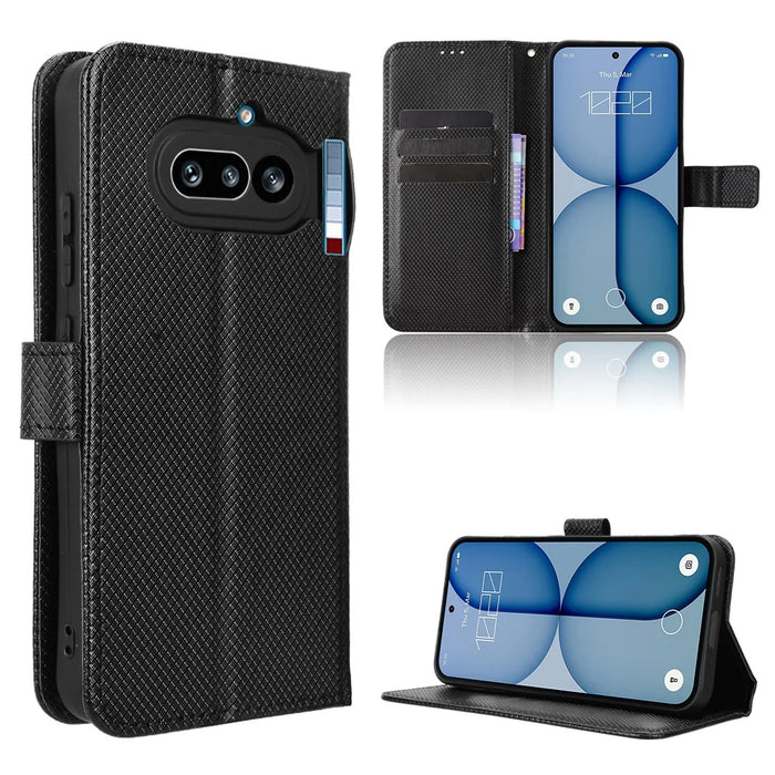 For Nothing Phone (4a) Leather Wallet Case with Strap Diamond Texture Phone Cover - Black - 1