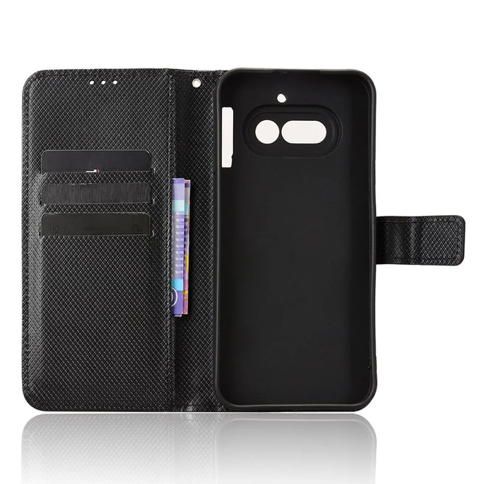 For Nothing Phone (4a) Leather Wallet Case with Strap Diamond Texture Phone Cover - Black - 5