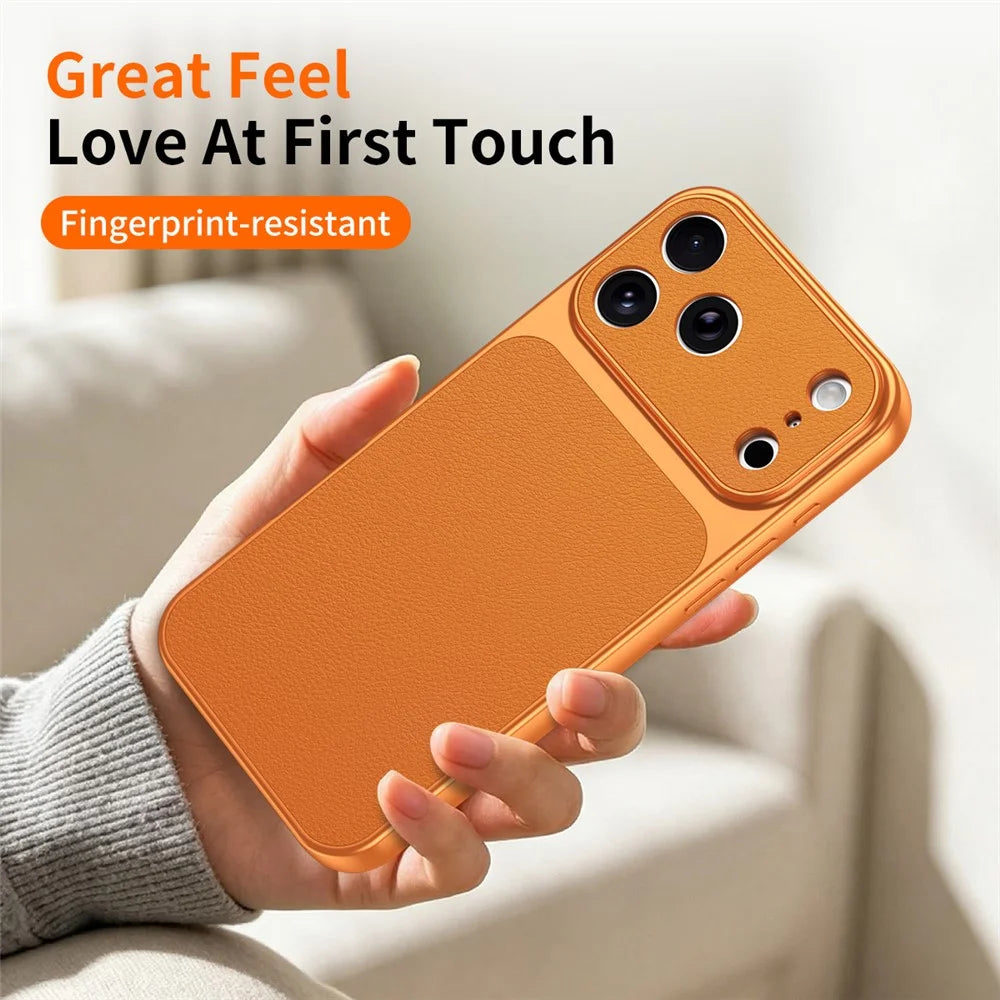 For iPhone 17 Pro Max Phone Case Lambskin Texture PC TPU PU Leather Shockproof Protective Cover - Orange - 4