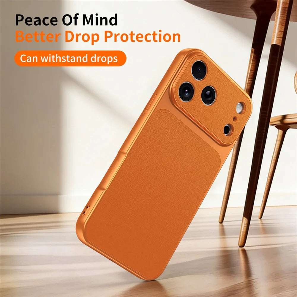 For iPhone 17 Pro Max Phone Case Lambskin Texture PC TPU PU Leather Shockproof Protective Cover - Orange - 5