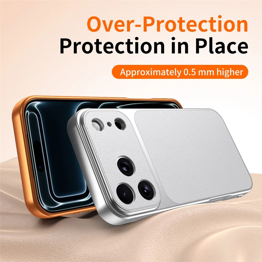 For iPhone 17 Pro Max Phone Case Lambskin Texture PC TPU PU Leather Shockproof Protective Cover - Orange - 6
