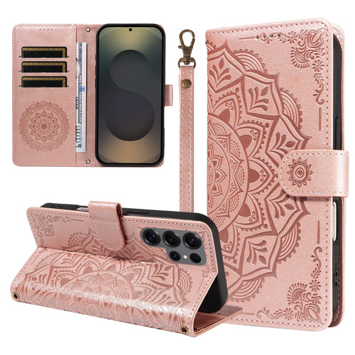 For Samsung Galaxy S25 Ultra Wallet Case Embossed Mandala Pattern PU Leather + TPU Cover with Wrist Strap - Rose Gold - 1