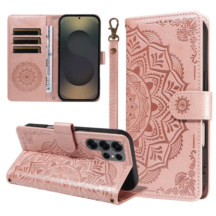 For Samsung Galaxy S25 Ultra Wallet Case Embossed Mandala Pattern PU Leather + TPU Cover with Wrist Strap - Rose Gold - 1