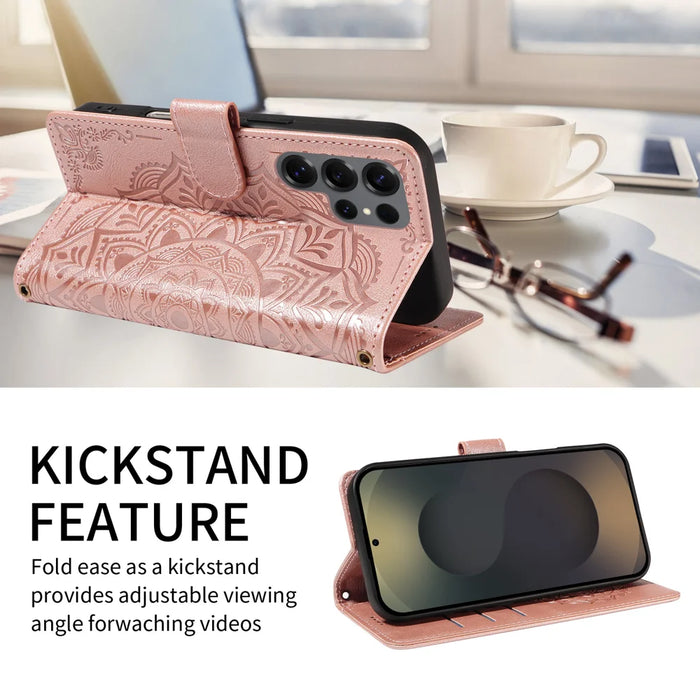For Samsung Galaxy S25 Ultra Wallet Case Embossed Mandala Pattern PU Leather + TPU Cover with Wrist Strap - Rose Gold - 2