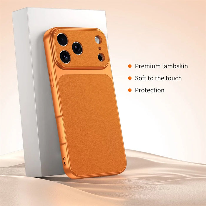 For iPhone 17 Pro Phone Case Lambskin Texture PC TPU PU Leather Shockproof Protective Cover - Orange - 2