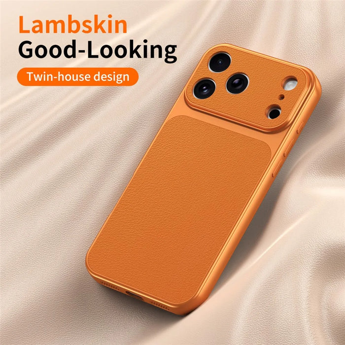 For iPhone 17 Pro Phone Case Lambskin Texture PC TPU PU Leather Shockproof Protective Cover - Orange - 3