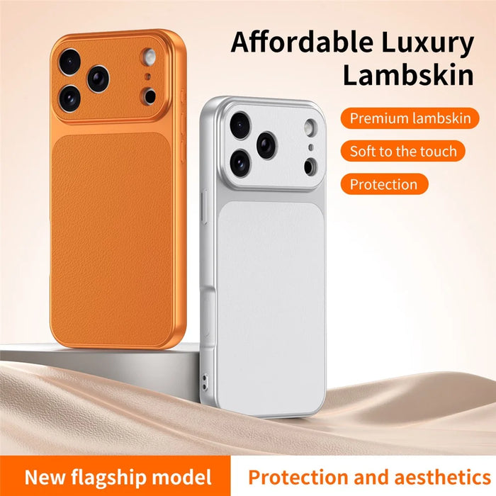 For iPhone 17 Pro Phone Case Lambskin Texture PC TPU PU Leather Shockproof Protective Cover - Orange - 7