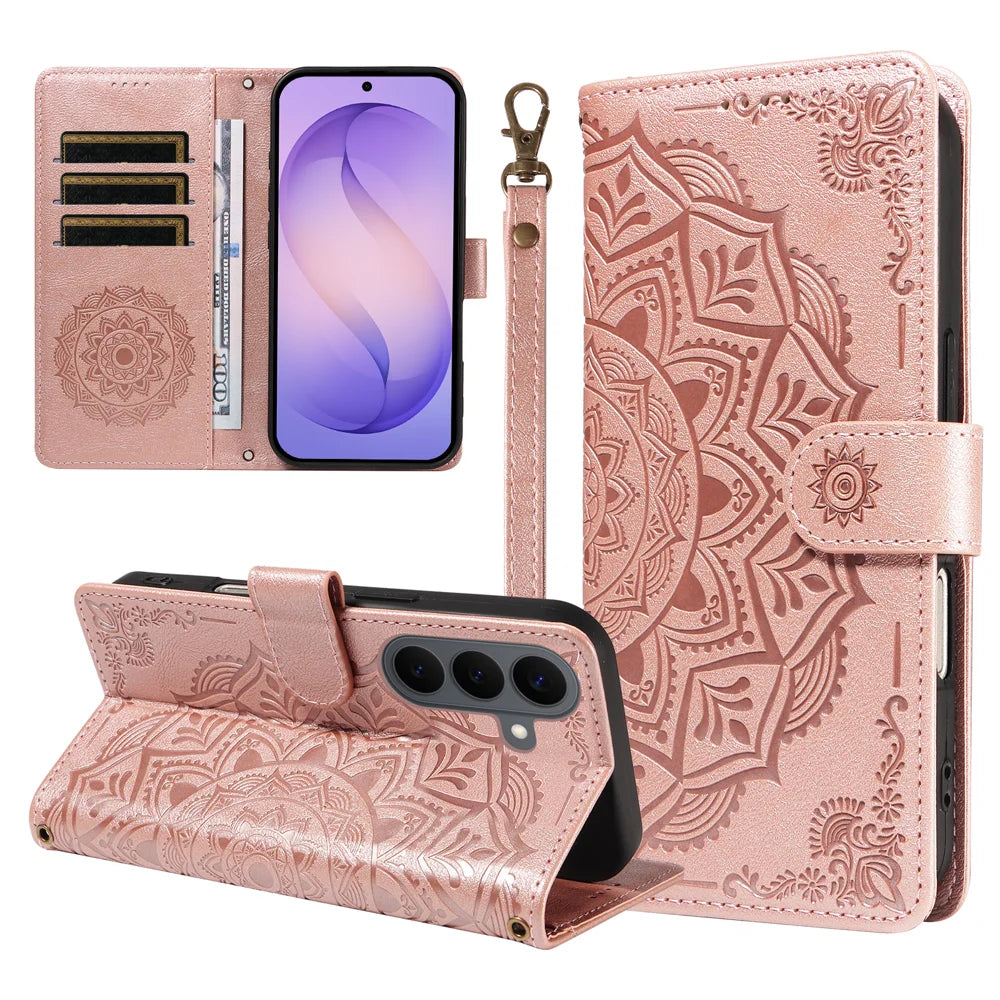 For Samsung Galaxy S26 Wallet Case Embossed Mandala Pattern PU Leather + TPU Cover with Wrist Strap - Rose Gold - 1