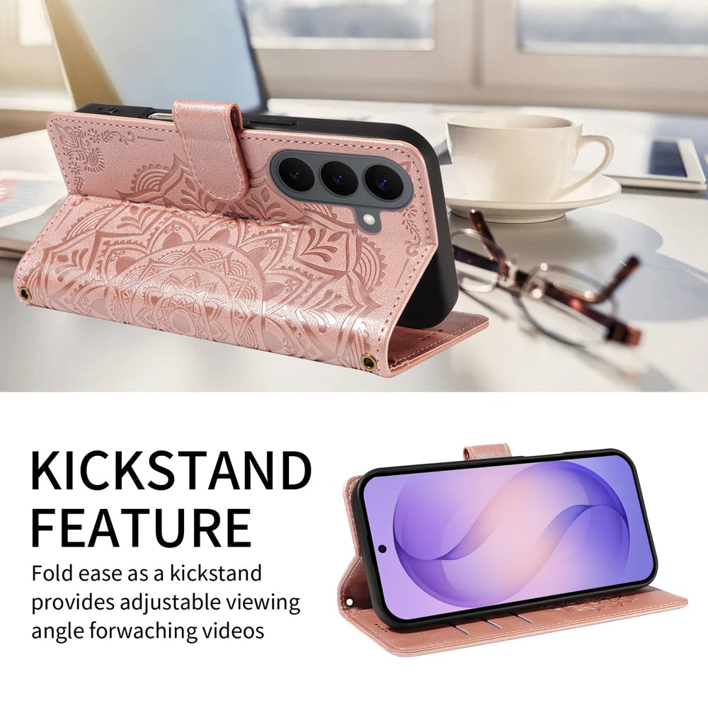 For Samsung Galaxy S26 Wallet Case Embossed Mandala Pattern PU Leather + TPU Cover with Wrist Strap - Rose Gold - 2