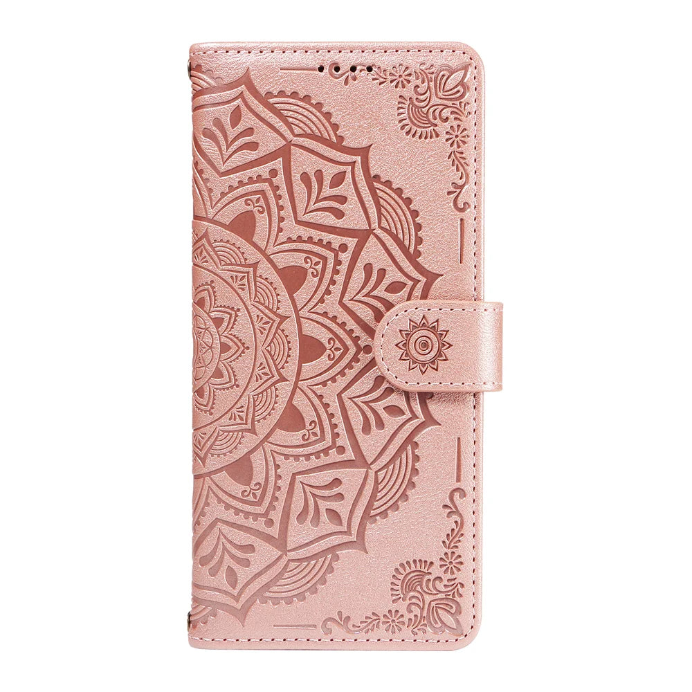 For Samsung Galaxy S26 Wallet Case Embossed Mandala Pattern PU Leather + TPU Cover with Wrist Strap - Rose Gold - 5