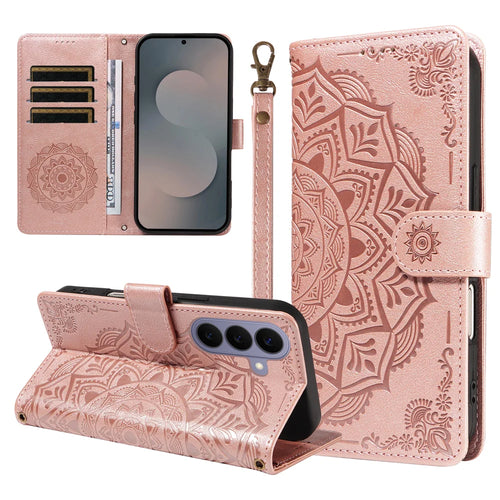 For Samsung Galaxy S26+ Wallet Case Embossed Mandala Pattern PU Leather + TPU Cover with Wrist Strap - Rose Gold - 1