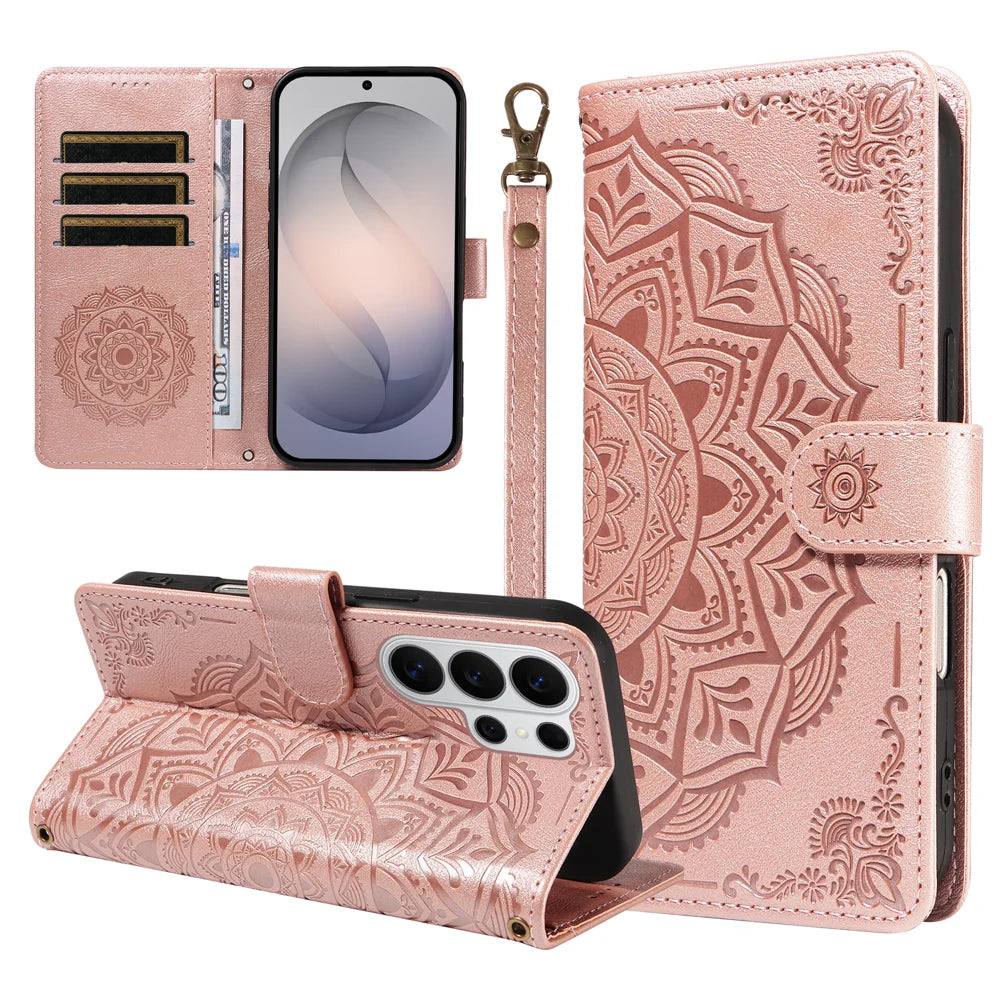 For Samsung Galaxy S26 Ultra Wallet Case Embossed Mandala Pattern PU Leather + TPU Cover with Wrist Strap - Rose Gold - 1