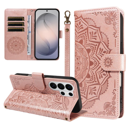 For Samsung Galaxy S26 Ultra Wallet Case Embossed Mandala Pattern PU Leather + TPU Cover with Wrist Strap - Rose Gold - 1