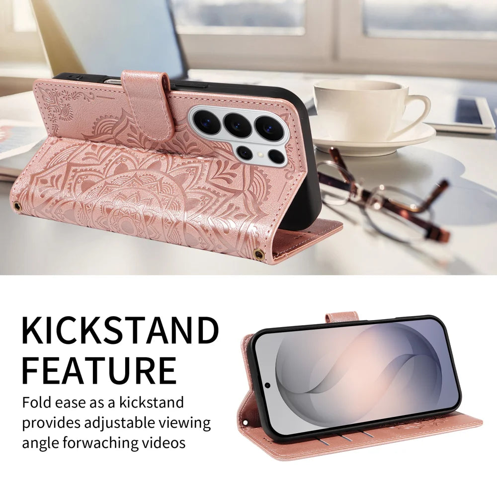 For Samsung Galaxy S26 Ultra Wallet Case Embossed Mandala Pattern PU Leather + TPU Cover with Wrist Strap - Rose Gold - 2