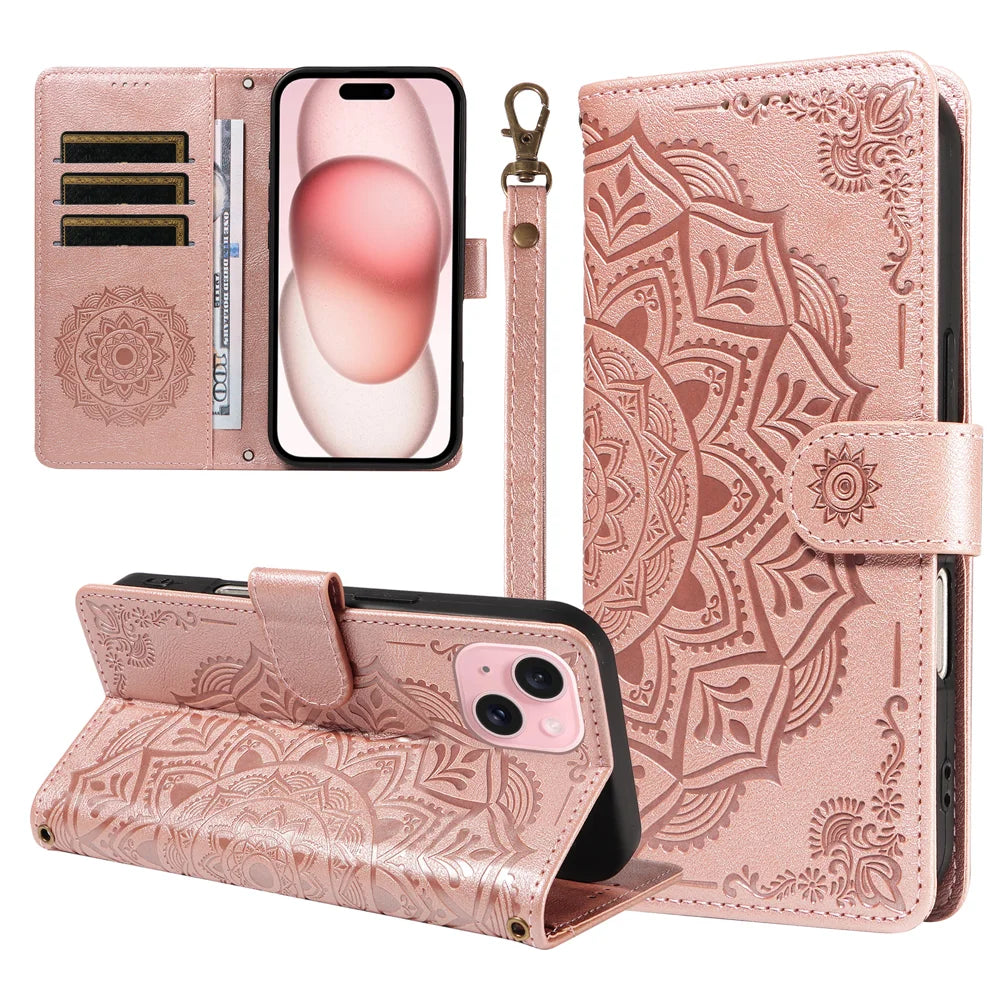 For iPhone 15 Wallet Case Embossed Mandala Pattern PU Leather + TPU Cover with Wrist Strap - Rose Gold - 1